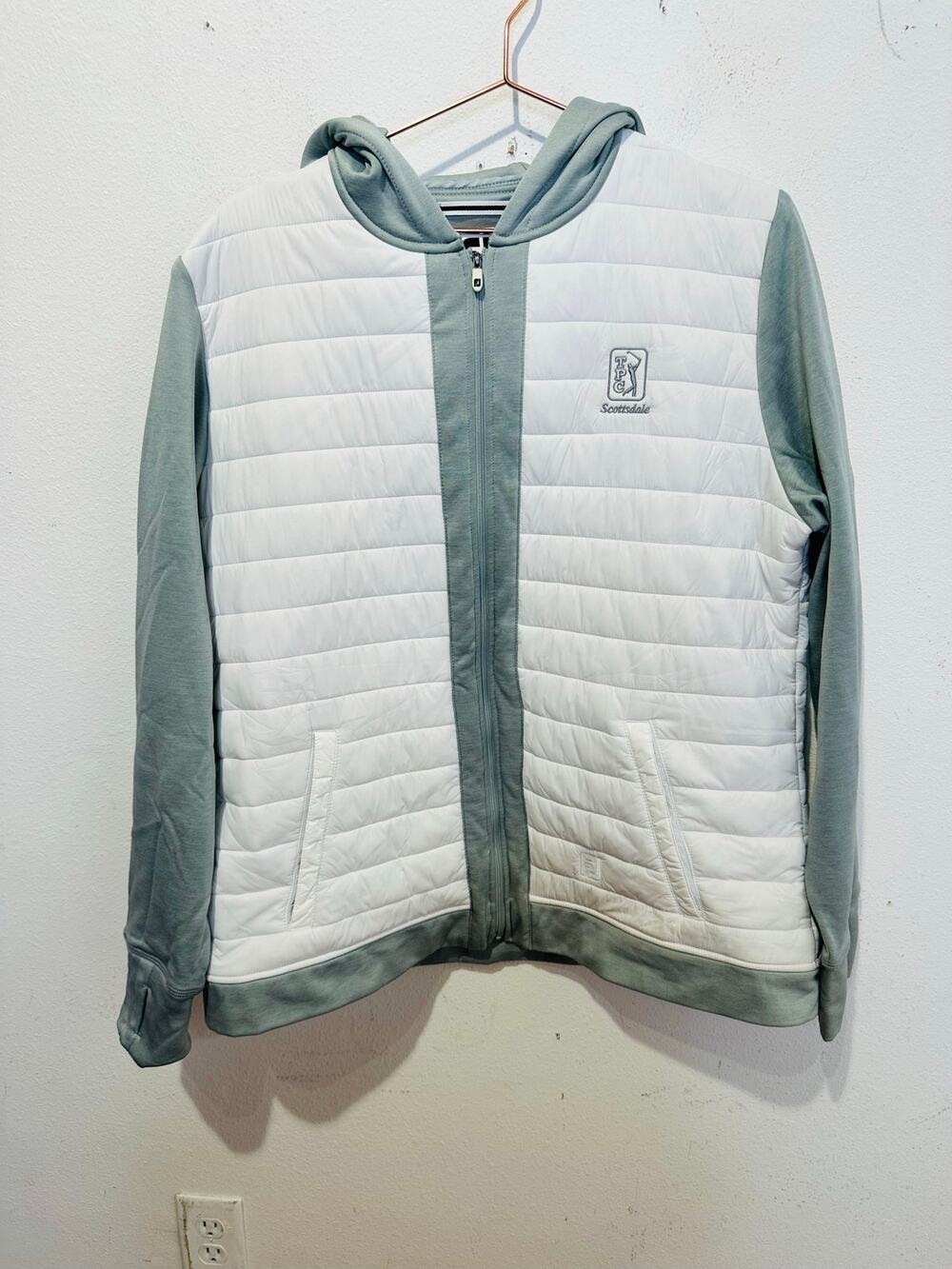 FOOTJOY White Gray Quilted Full Zip Front Pockets Hooded Scottsdale TPC Jacket